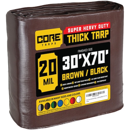 Core Tarps Heavy Duty Tarp, 70 ft L x 0.5 mm H x 30 ft W, 20 Mil, Brown/Black, Polyethylene CT-702-30X70